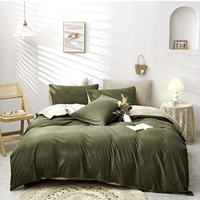 Imagen de Damier Ropa de cama verde 155 x 220 cm, color oliva y beis, funda nórdica microfibra supersuave 2 piezas, con cremallera oculta almohada 80 cm
