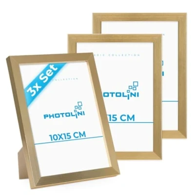 Imagen de PHOTOLINI marcos 10x15 cm oro madera MDF, set de 3 para pósteres, cristal acrílico, colgar y poner pie, incluye accesorios fotos, láminas pósteres