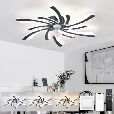 Imagen de KeLuKes Ventilador Techo con Luz y Mando a Distancia Design 78cm Lampara Led Silencioso Dc Temporizador de 6 Velocidades Regulable Reversible para Dormitorio Cocina,Negro