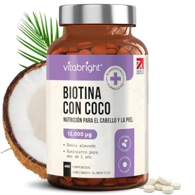 Imagen de Biotina Para el Cabello, Piel y Uñas Ultra Fuerte 12.000 µg Pastillas Suministro 1 Año con Coco Anticaida Crecimiento Cabello Mujer B7 Vitaminas Pelo VitaBright Biotin