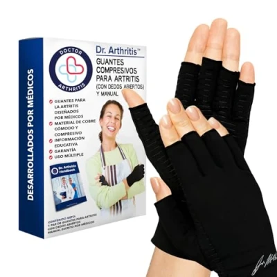Imagen de Guantes Artritis Desarrollados por Médicos Sin Dedos Compresión con Cobre para Aliviar Dolor Articular, Síntomas Artritis, Enfermedad de Raynaud y Túnel Carpiano [Talla XXL, 1 Par, Negro]