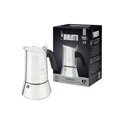 Imagen de Bialetti New Venus, cafetera espresso de acero inoxidable, apta para todo tipo estufas, 2 tazas (85 ml), aluminio, plata (no inducción)