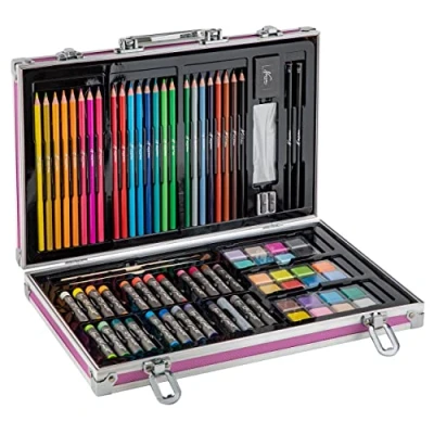 Imagen de Nassau Fine Art Maletín de Pintura Caja Pinturas para Niños y Adultos 145 Piezas en Estuche Dibujo Metal Lápices Colores, Acuarelas, Pasteles Ideal como Hobby Colegio o Trabajo