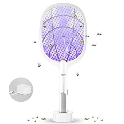 Imagen de DANGZW Raqueta Mosquitos Eléctrico, 2 en 1 4000V USB Recargable Matamoscas Eléctrico con Base de Carga, Zapper para Mosquitos, Moscas, Abejas, Polillas