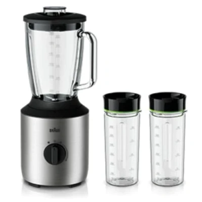 Imagen de Braun JB 3272 SI PowerBlend 3 batidora de vaso (incluye 2 botellas Smothie2Go, recipiente cristal 1,5 l para ingredientes calientes y fríos, adecuada como picadora hielo