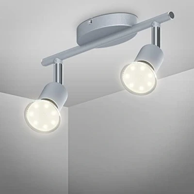 Imagen de B.K.Licht Lámpara de techo con 2 focos LED GU10, ajustables y giratorios para interiores, luz blanca cálida, 3W 250 lúmenes, 3000K, forma recta en barra, color titanio