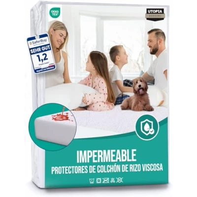 Imagen de Utopia Bedding Protector de Colchón 140 x 200 30 cm Impermeable, Viscosa Bambú, Certificación Oeko Tex, Funda Colchón, Cubre Transpirable, Elástico En Todo