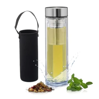 Imagen de Relaxdays Cantimplora 450ml con Colador Té, Botella Reutilizable, Bebidas Frías y Calientes, Funda, Vidrio, Transparente
