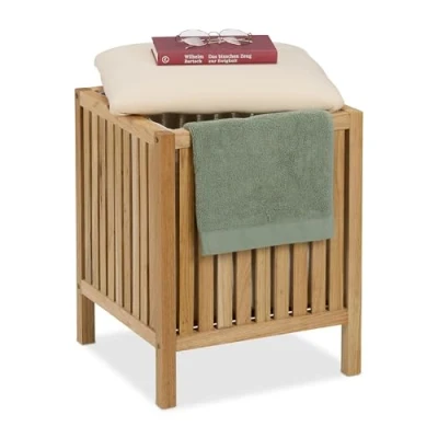 Imagen de Relaxdays Cesto Ropa Sucia con Asiento, Tabuerete Almacenaje Colada, 30 L, 51 x 38 cm, Madera, Tela, Natural/Blanco