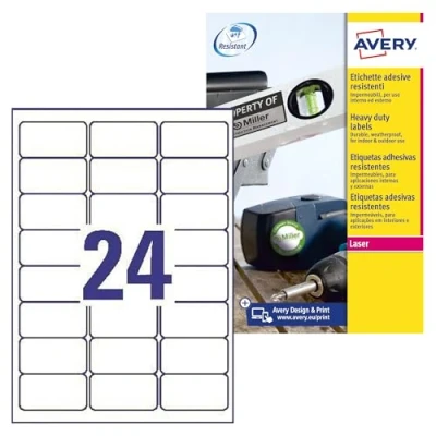 Imagen de Paquete 8 hojas etiquetas de poliéster blanco para impresoras láser 63,5x33,9 mm avery l4773