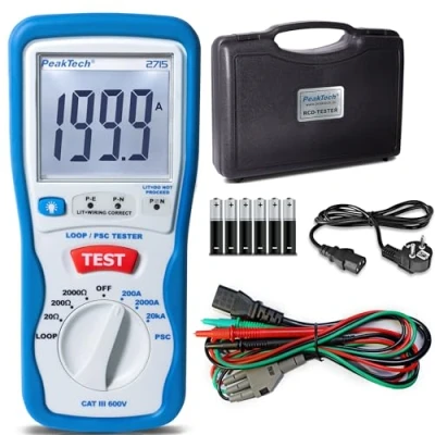 Imagen de PeakTech 2715 probador digital de lazo PSC con pantalla LCD, para mediciones impedancia, amperímetro cortocircuito, fusible circuito, carcasa aislada CAT III 600 V