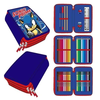 Imagen de Estuche de 3 Compartimentos Sonic Color Azul 12,5x6,5x19,5 cm Fabricado con 100% Poliéster Cierre Cremallera Incluye Accesorios Producto Original Diseñado en España