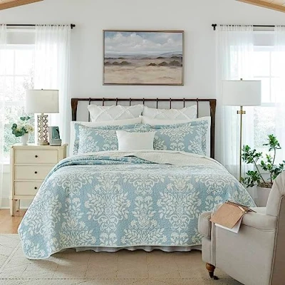 Imagen de Laura Ashley Juego de edredón Individual, Ropa Cama Reversible algodón con Funda a Juego, decoración del hogar para Todas Las Estaciones (Azul Tierra, Individual)