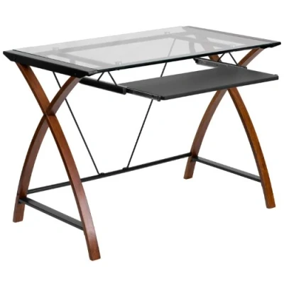 Imagen de Flash Furniture escritorio de ordenador Jude vidrio templado con bandeja teclado extraíble y marco entrecruzado, pequeño para oficina en casa,color cereza transparente