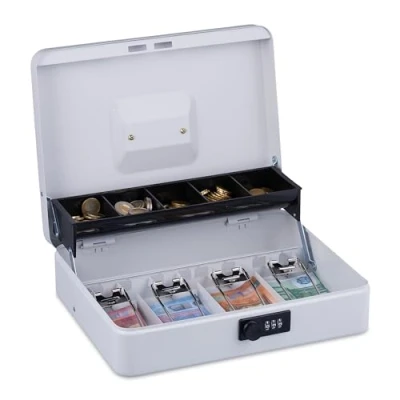 Imagen de Relaxdays Caja Dinero, Combinación 3 Números, Bandeja para Monedas y 4 Espacios Billetes, Cajita Efectivo, Blanco, Hierro, 8,5 x 30,5 24,5 cm