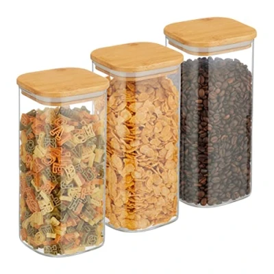 Imagen de Relaxdays Botes Cristal con Tapa Bambú, Set de 3, Recipientes Cuadrados 1500 ml, Tarros Herméticos, Transparente/Natural, Poliéster