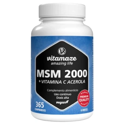 Imagen de MSM 2.000 mg + vitamina C natural de Acerola, 365 comprimidos veganos para 6 meses, alta dosis, 99,9% Metilsulfonilmetano puro, complemento alimenticio sin aditivos, Fabricado en Alemania