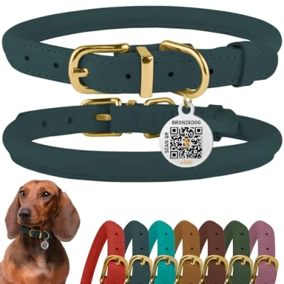 Imagen de BRONZEDOG Collar de cuero enrollado para perro, collares redondos duraderos, pequeños, medianos y grandes, cachorros, gatos, borgoña, mostaza, azul, marrón (12 14 pulgadas, mezclilla)