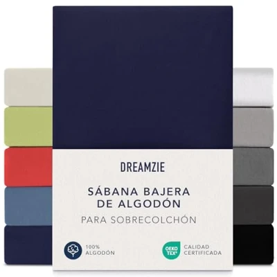 Imagen de Dreamzie Sabanas 140x200 cm 160x200 cm, Sabana Bajera para Colchones de hasta 15 Altura, 100% Algodon 150 g/m² Azul Oscuro Certificada sin Productos Químicos (Oeko Tex)