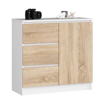Imagen de AKORD Cómoda Jerry Cajonero con 1 Puerta 3 Cajones 2 Estantes Credenza Alta 80 cm 80x35x77 Blanco &amp; Roble Sonoma Frente