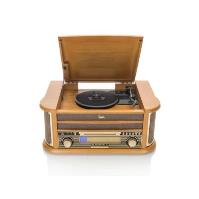 Imagen de Dual NR 4 Nostalgie Cadena musical con tocadiscos (radio FM/AM, CD RW, MP3, USB, casete, entrada auxiliar), color marrón (importado)