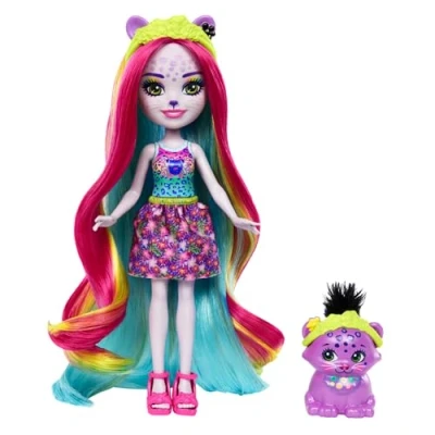 Imagen de Enchantimals Sunshine Beach Persida Panther y Mistery, Muñeca con pelo de colores, accesorios para peinar, falda estampada mascota pantera, juguete regalo niños niñas +4 años, HTJ69