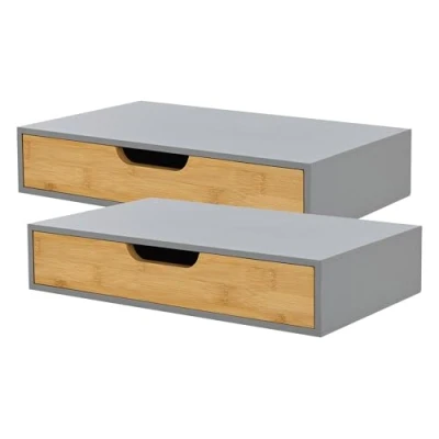 Imagen de [en.casa] Set de 2 Estantes Pared Bokn para Llaves Libros Gafas Lámpara Estantería Mesillas Noche Mural con Cajón máx. 5 kg Bambú 40 x 24 8 cm Gris y Natural