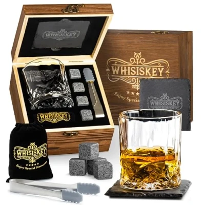 Imagen de WHISISKEY Set de Vasos Whisky Regalo Vaso Regalos Originales para Hombres Caja Regalo, 1 Whiskey x 310ML, 4 Cubitos Hielo Reutilizables, Accesorios