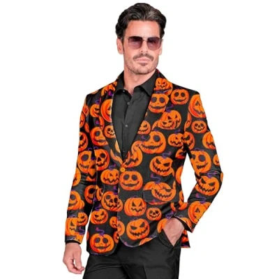 Imagen de W WIDMANN MILANO Party Fashion Chaqueta calabaza hombre, negra con caras de calabaza, brilla bajo la luz UV, disfraz Halloween