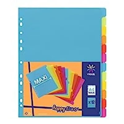 Imagen de Viquel Lot de 12 intercalaires en plastique Maxi format (24,5x30,5cm) Pour classeur A4 ou à levier Coloris fluo