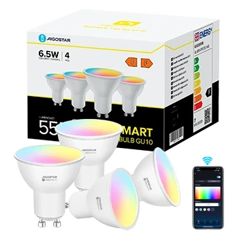 Imagen de Aigostar Bombilla Inteligente LED GU10 SL2 Bombillas Alexa 6.5W Wifi RGB &amp; 2700K 6500K Regulable, Controladas por APP, Conexión rápida Compatible Con Google Home/Alexa, 4 Unidads