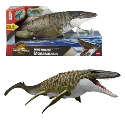 Imagen de Mattel Jurassic World: El Renacer Mosasaurio Mordedor y minifigura de Dilofosaurio, juguete dinosaurio con mandíbula ancha, figura articulada fiel a la película, juego digital, JJP80