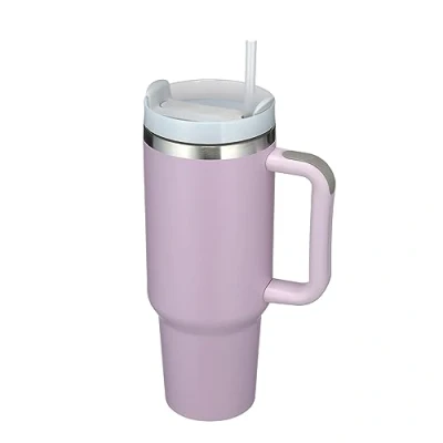 Imagen de vaso de doble pared acero inoxidable con aislamiento al vacío, 1200 ml, asa, pajita aislada, taza café, viaje, térmica para bebidas calientes frías (morado)
