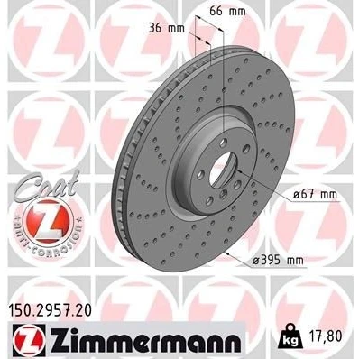 Imagen de ZIMMERMANN 150.2957.20 Disco de freno 395 36 6/5 5 112 ventilación interna, avellanado revestido altamente carbonizado BMW: Berlina, 7, X5