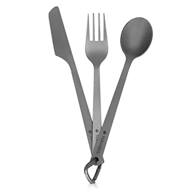 Imagen de Navaris Set de 3 Cubiertos Titanio para Camping 3X ultraligeros Cuchillo Cuchara y Tenedor Acampada Picnic Viaje Senderismo