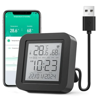 Imagen de GHome Smart Termometro Higrometro WiFi，Digital Sensor Interior Inteligente Control con App soporta Alerta y Notificación para Hogar, Bodega，Invernadero Disponible en Casa Ambiente, Planta Mascota