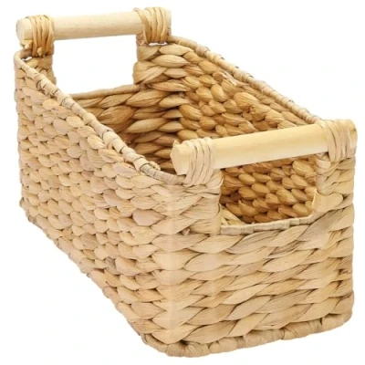 Imagen de HMF cesta de almacenamiento para baño, trenzada jacinto agua con asas madera, 30 x 15 13 cm