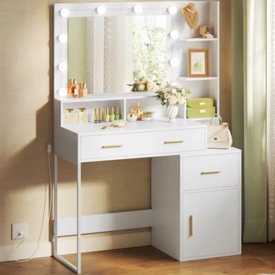 Imagen de WOLTU Tocador Maquillaje con Luz LED y Espejo, Mesa de 3 Cajones Estantes Abirtos, Gran Almacenaje, Moderno, 90x40x143 cm, Blanco, Madera Metal, MB6102ws