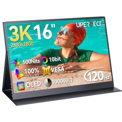 Imagen de UPERFECT OLED Monitor Portátil 16&quot;, 3K 2880x1800 120Hz 1ms Portable Gaming Monitor, 500 Nits 100% DCI P3 10 bit 100000:1 Contrast Pantalla para Laptop Smartphone Consolas de Juegos