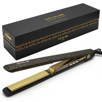 Imagen de Corioliss C3 Plancha del pelo Profesional Placas extralargas de titanio Alisado y Ondas Temperatura ajustable 135º 235º Calentamiento 20 seg Con funda Viaje Leopard Gold