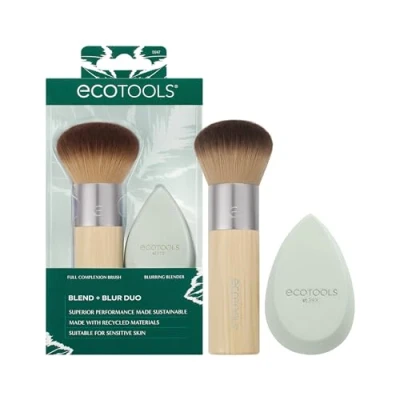 Imagen de ECOTOOLS Blend + Blur Makeup Brush and Sponge Duo, Blending &amp; Foundation Brush, For Liquid Cream Products, Cloud Skin, Eco Friendly, Latex Free, Cruelty Vegan, 2 Count