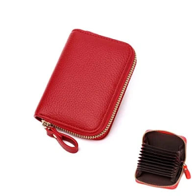 Imagen de ZMREN Titular de Tarjeta Credito, RFID Bloqueo Carteras, Fundas para Tarjetas crédito, Crédito Tarjetero con Cremallera Rojo