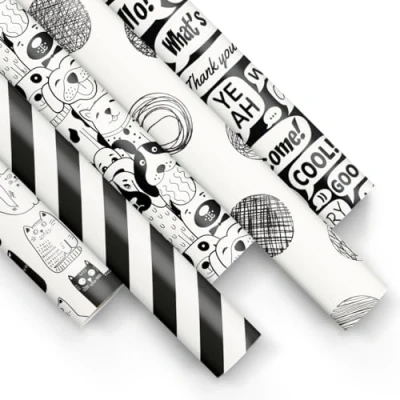 Imagen de PAW Papel de regalo 200x70cm 5 rollos Mezcla diseños Elegante para Envolver Regalos Cumpleaños, Bodas, Baby Showers, Fiestas y Blanco negro