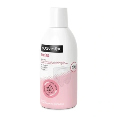 Imagen de Suavinex, Colutorio Encías, Enjuague Bucal Sin Alcohol, Previene Sangrado e Inflamación, Gingivitis, Apto Embarazadas, con Agua de Mar, CPC y Pantenol, Clorhexidina, Gluten, Uso Diario, 500 ml
