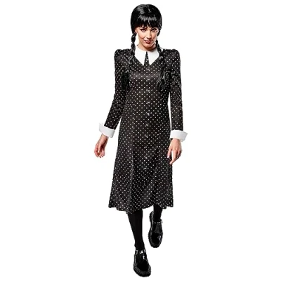 Imagen de Rubies Disfraz Miércoles Addams barato para mujeres, Vestido impreso con cuello, Oficial Wednesday, Miercoles Halloween, Carnaval y Cosplay