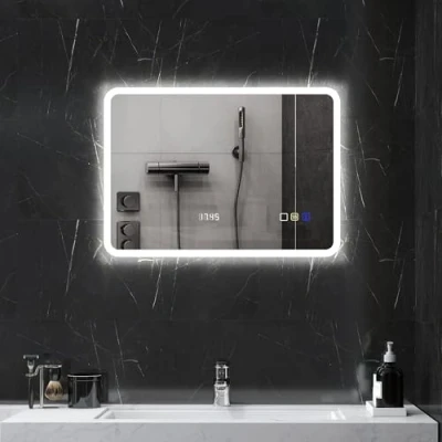 Imagen de HOMCOM Espejo de Baño con Luz LED 70x50 cm Pared Bluetooth 3 Colores Reloj Digital Función Antivaho Memoria Interruptor Táctil IP44