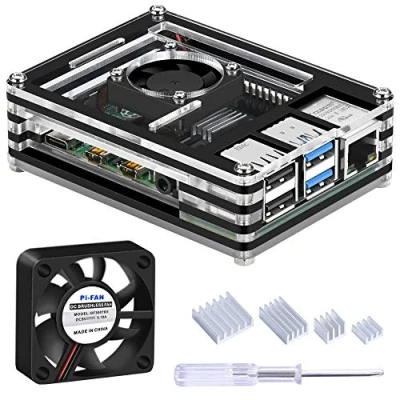 Imagen de GeeekPi Cajas Acrílico para Raspberry Pi 4 Modelo B, Estuche 4B con Ventilador de Refrigeración y 4pcs disipadores Calor B (Solo 4) (Negro Claro)