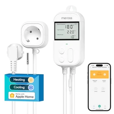 Imagen de Meross Inteligente Enchufe de Digital Termostato con Sonda, 2,4GHz WiFi Controlador Temperatura 16A 3840W, Compatible Apple HomeKit, Alexa y Google Home