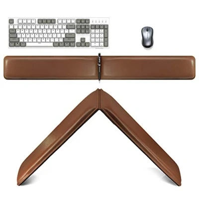 Imagen de MAIDERN Soporte ergonómico para reposamuñecas, teclado doble alargado, reposamuñecas de espuma viscoelástica impermeable juegos, oficina, computadora(piel sintética marrón)