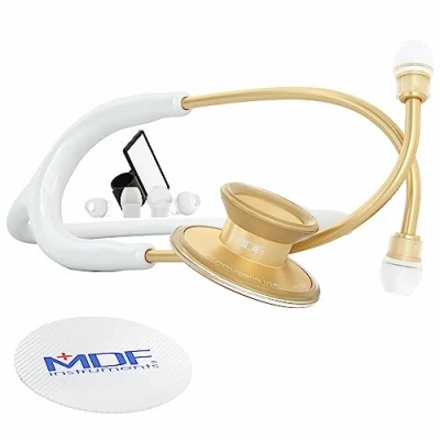 Imagen de MDF® Acoustica® Deluxe Estetoscopio ligero de doble cabeza Garantía por vida &amp; Programa piezas gratuitas 22K Oro/Blanco (MDF747XP K29) Visita la Store MDF Instruments